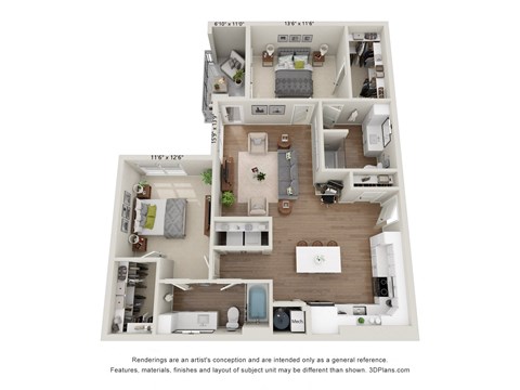 Floor plan for 2 beds, 2 baths, 1222 sqft